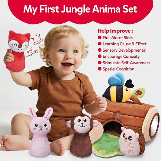 Baby Toys 6-12 Months - Jungle Soft Plush Animal Set with Rattle Squeaker Mirror, Cause & Effect Montessori Sensory Toys for Babies 7 8 9 10 11 Months, Newborn Gifts for Baby Boy Girl Infant