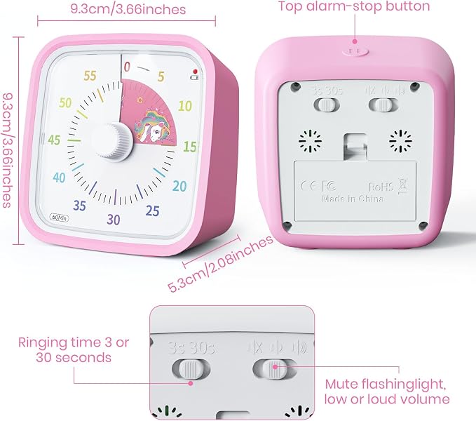 Yunbaoit Unicorn Visual Timer for Kids, Silent 60-min Countdown Timer, Pink - Image 4