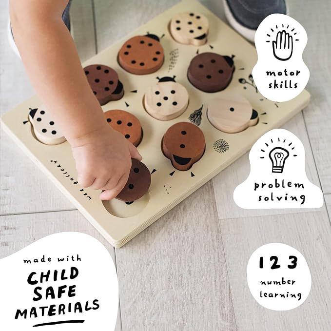 Wee Gallery Wooden Tray Puzzle Count to Ten Ladybugs, Montessori Toy for Toddlers and Preschoolers for Early Learning and Fine Motor Skill Development, Sustainable Educational Puzzle for Kids