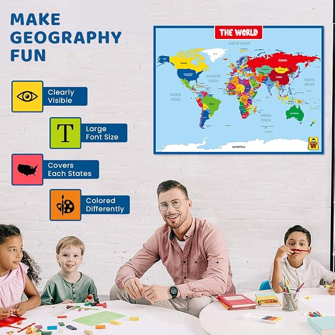 UNCLE WU World Map Laminated Poster -Dry Erase Double Side Educational Poster For Kids/Adults -17 x 23 inch Waterproof Map For Home Classroom - Image 3