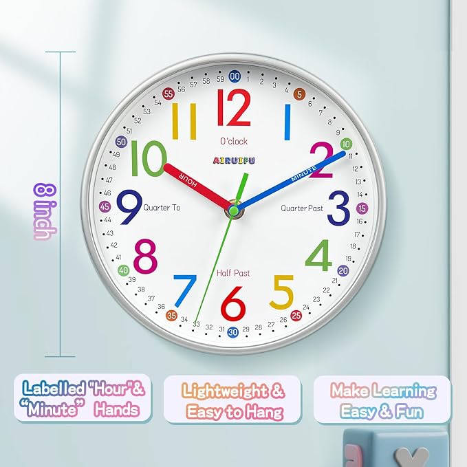 AIRUIFU Wall Clock for Kids Learning Tell Time Easily Non-Ticking Battery Operated Kids Teaching Time Clock- Analog Colorful Clock Decorative for Kids Room Classroom School(8 Inch) - Image 5