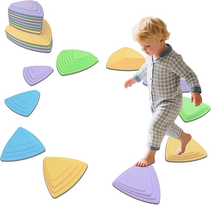 Kids Balance Stepping Stones Multicolor Triangular 10PCS Non-Slip Toddler Stepping Stones for Balance Coordination Ages 3-8 Years