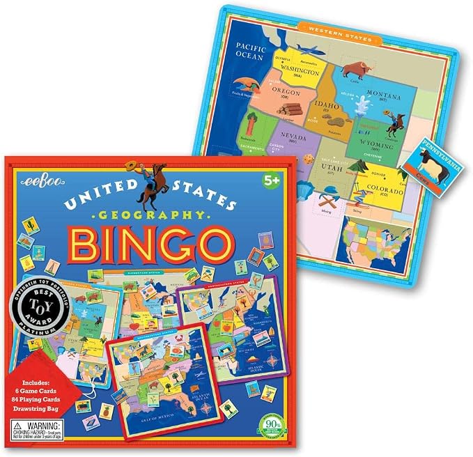 eeBoo: United States Geography Bingo Game, for 2 to 6 Players, Includes 6 Game Cards, 84 Playing Cards, & Drawstring Bag, for Ages 5 and up - Image 3