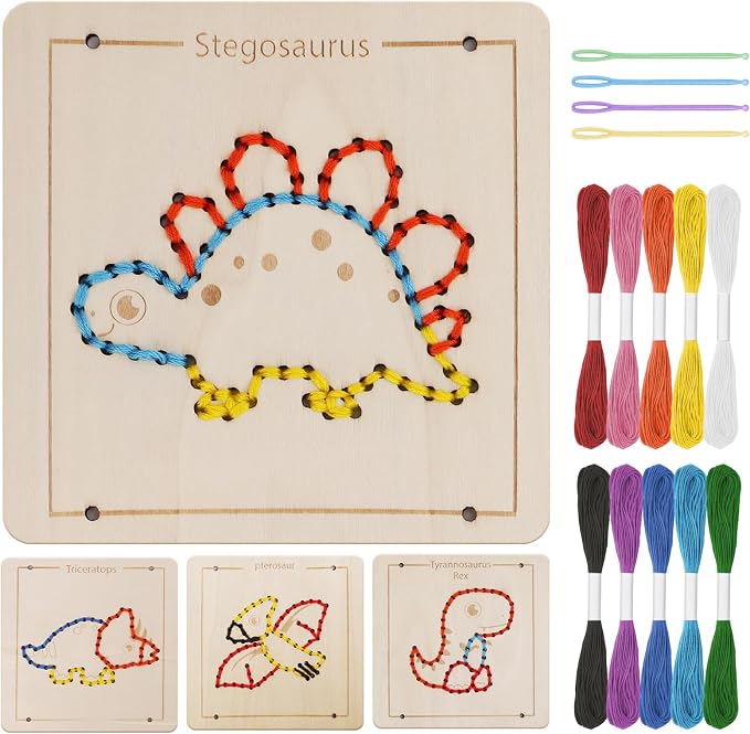 Montessori Wooden Lacing Dinosaur Toys for Toddlers and Kids Ages 2-4 5-7, Sewing Kit Fine Motor Skill Busy Board, Education Sensory Preschool Toy for 1 2 3 4 Year Olds, Birthday Gift for Boys Girls by JAiiMen
