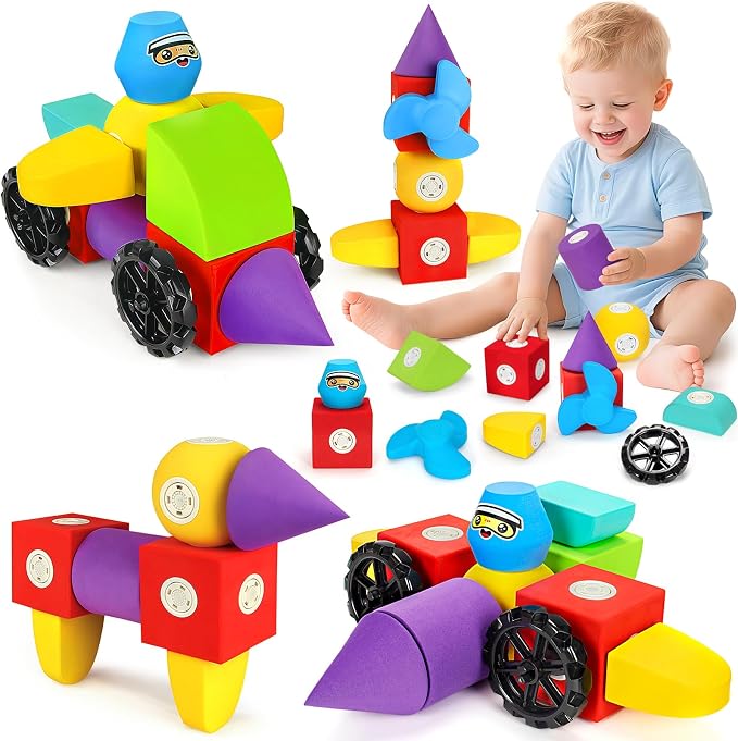 Hodurgyi 15 PCS Magnetic Foam Blocks, STEM Preschool Toys for Children, Magnetic Building Blocks for Toddlers, Kids Bath Toys and Montessori Sensory Toys, Birthday for Boys & Girls Age 3 4 5 6+ by HODURGYI
