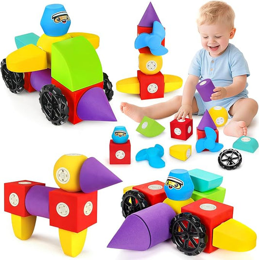 Hodurgyi 15 PCS Magnetic Foam Blocks, STEM Preschool Toys for Children, Magnetic Building Blocks for Toddlers, Kids Bath Toys and Montessori Sensory Toys, Birthday for Boys & Girls Age 3 4 5 6+ by HODURGYI