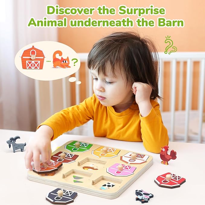 JoyCat Wooden Puzzles for Toddlers 1-3, Montessori Toys for 1 2 Year Old Boy Girl Birthday Easter Gifts, Animal Match Farm Peg Puzzles, Preschool Learning Toys for Toddlers Age 1-2
