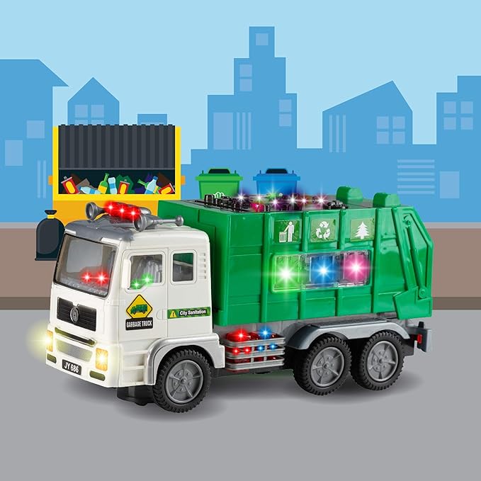 Zetz Brands Toy Garbage Truck with 4D Lights & Sounds for Boys, Toddlers, Kids 3+ - Trash Trucks Vehicle, Push Toy Car, Bump & Go w/Recycle and Sanitation Sticker – Ideal Birthday