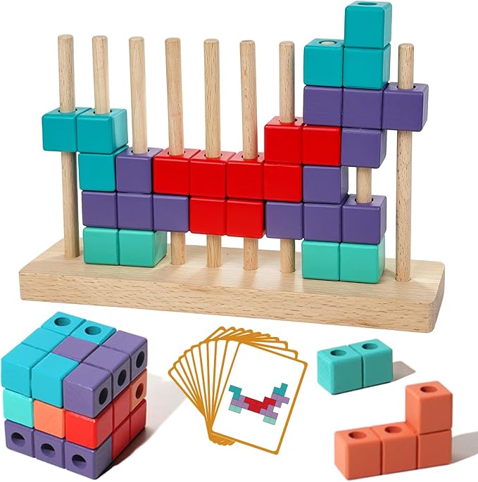 Wooden Block Puzzle, Montessori Toys Stacking Game, Preschool Educational Brain Teaser Puzzles for Toddlers and Kids Ages 3-5, Gift for Girls and Boys by iuuoi