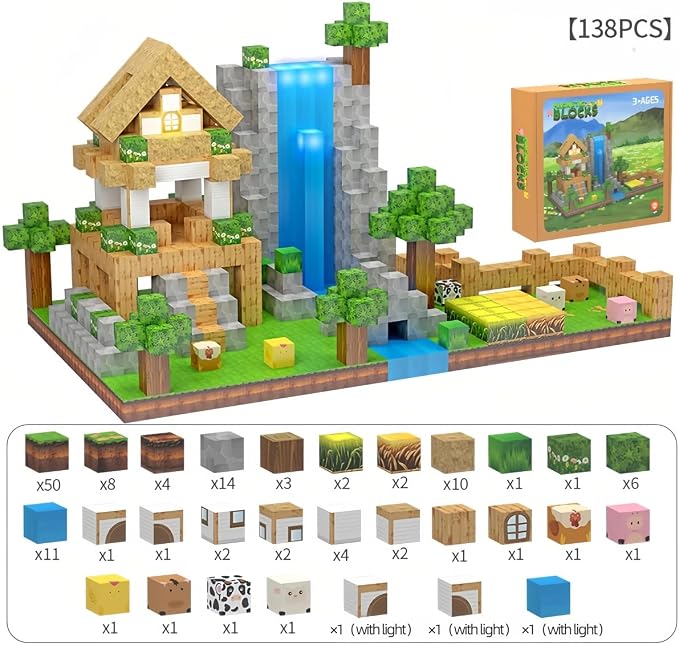 138 Pcs Magnetic Building Blocks, Enhance STEM Learning, Creative Play & Logical Thinking, Durable & Vibrant Color with Light Up Blocks, Ideal for Classroom & Screen-Free Entertainment (Forest Farm) - Image 7