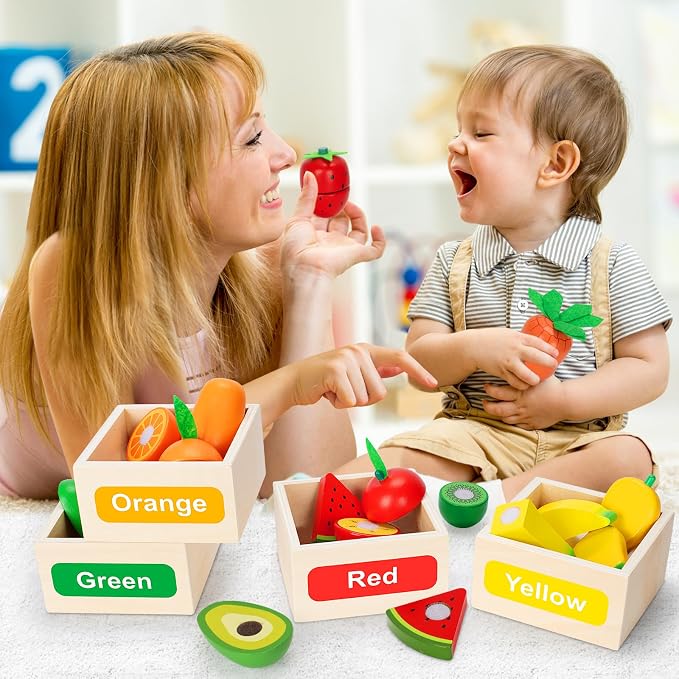 TooyBing Wooden Play Food Toy Set for Kids Kitchen - 30 Pcs Montessori Cutting & Color Sorting Fake Fruit Accessories with 4 Boxes, Play Toys for Toddlers 3, Birthday Gifts for Boys Girls - Image 6