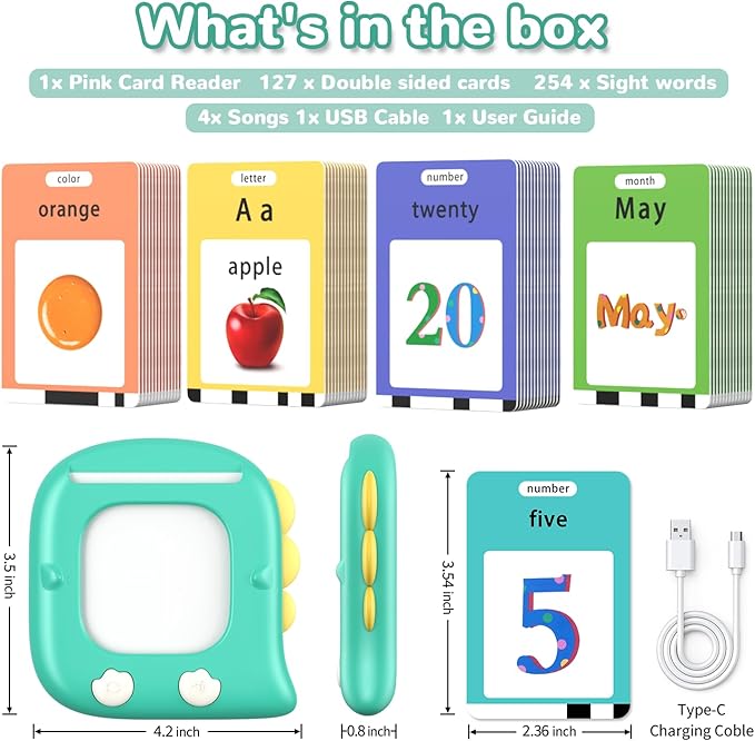 Kidzdo 254 ABCs Sight Words Dinosaur Talking Flashcards for Toddlers, Birthday Gifts for 2 3 4 5 6 Years Old Boys and Girls, Pocket Speech Language Therapy Learning Toys for Kids 1-6, Green