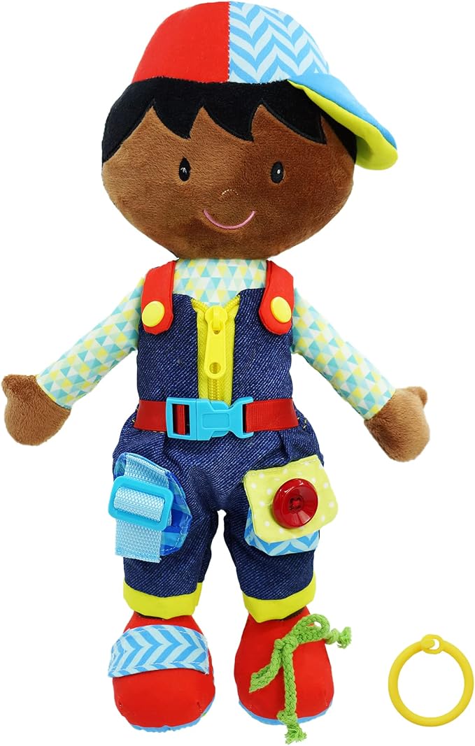 June Garden 15.5" Dressy Friends Isaiah - Educational Stuffed Plush Doll for Kids and Toddlers 2 Years and Up - Montessori Buckle Soft Toy by JuneGarden