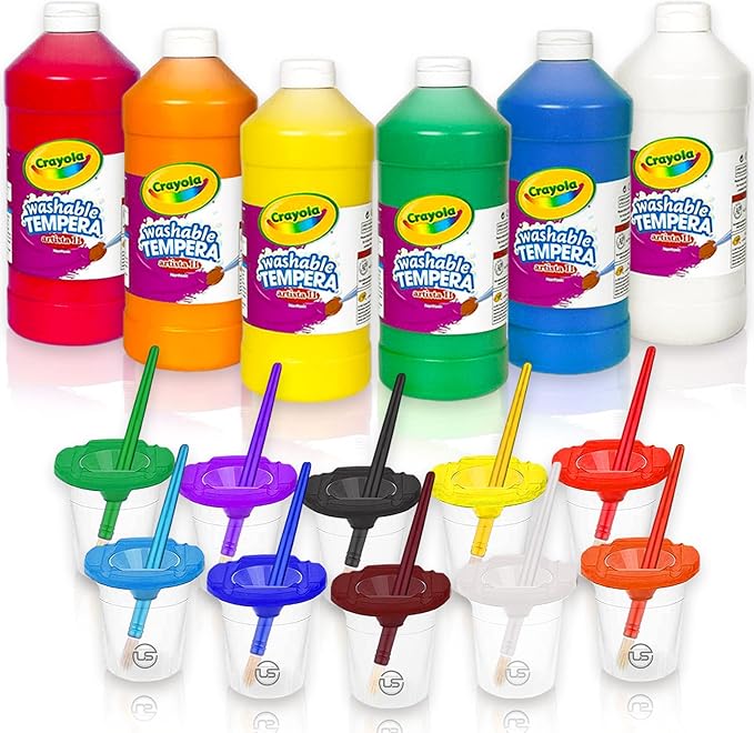 Kids Painting Set, Washable Paint for Kids with Painting Cups, Tempera Paint Set with Toddler Paintbrushes, Classroom Paints 16 oz Each Toddler Bulk Paints Supplies