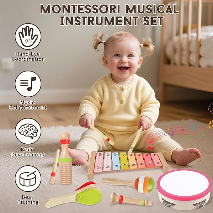 Toddlers Musical Instruments for 1 2 3 Year Old Girls,Baby Montessori Wooden Musical Toys for Toddlers 1-3 Year Old,Kids Musical Toy for Preschool,Christmas Birthday Gift for Baby Girls (Pink 6 in 1)