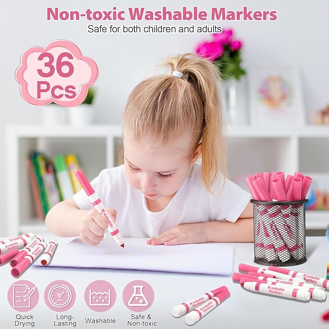 Janlaugh 36 Pcs Pink Washable Markers Bulk Coloring Broad Line Markers for Kids Pink Conical Tip Drawing Pen for Christmas,School Supplies, Travel Art Baby Shower Gender Reveal Party Supplies, Ages 6+
