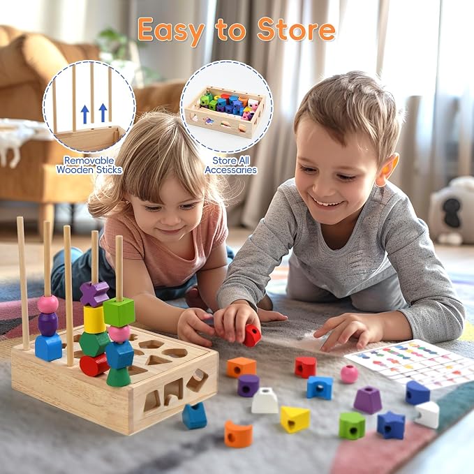 Sewulidon 3 in 1 Wooden Color Sorting Stacking Toys, Montessori Toys Geometric Shape Sorter Matching Lacing Beads Sequencing Toy Set Preschool Learning Fine Motor Skills for Toddlers 3 4 5 Years - Image 3