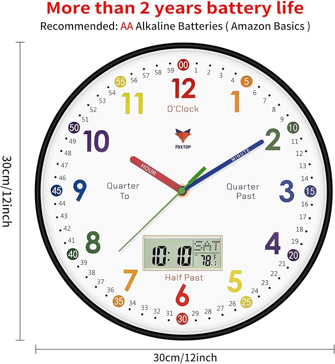 Foxtop Digital and Analog Learning Clock for Kids - Telling Time Teaching Clock 12 Inch Silent Non-Ticking Battery Operated Kids Wall Clock for Kids Room Playroom Nursery Classroom School (Black) - Image 2