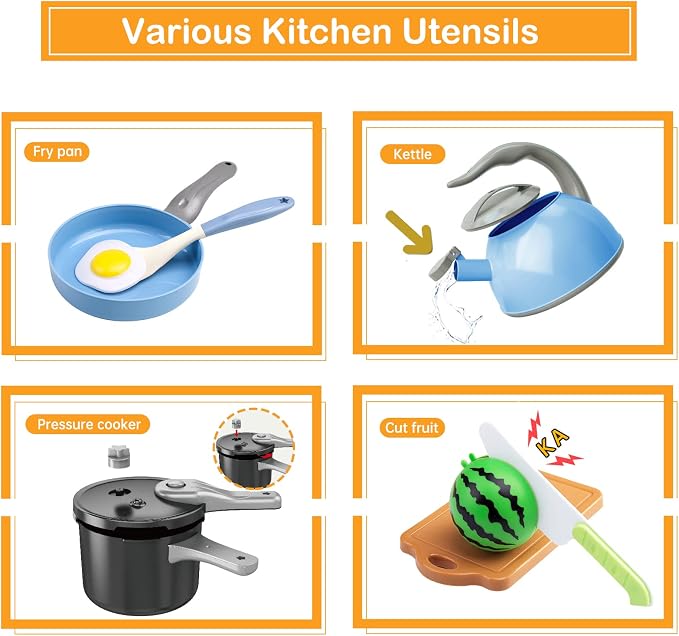 130Pcs Kitchen Playset, Toddler Pretend Cooking Play Pots, Pans, Utensils Cookware, Daily Food Fruit Veges, Shopping Storage Basket, Dessert, Prop Money, Learning Gift for Child (Blue) - Image 4