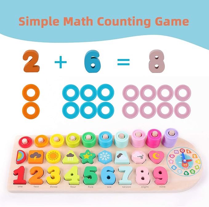 QZMTOY Preschool Educational Learning Montessori Toys for Kids, Toddler Puzzles Number Shape Sorter Counting Stacker with Clock Weather, Boys Girls Activities Math Game Gift for Age 3 4 5 Years - Image 3