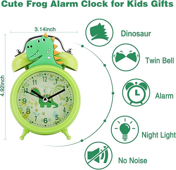 TCJJ Dinosaur Alarm Clock for Kids, Cool Bedroom Decoration, Non Ticking Silent Second Hand, w/Backlight Super Loud Twin Bell, for Kids Dinosaur Gifts (Green) - Image 2