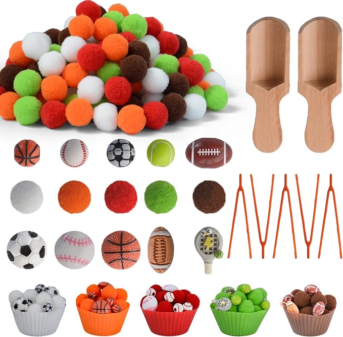 242pcs Sports Balls Sensory Bin Filler Fine Motor Toys Ball Sensory Bin Items Easter Soccer Baseball Basketball Football Tennis Sensory Bin Items Pom Poms for Color Counting Sorting by Unvola