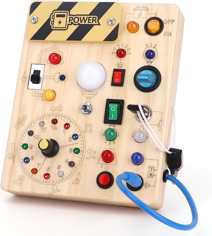 Hoarosall Montessori Toys Clock Wooden Busy Board with 11 LED Light switches, Tooddler Sensory Travel Toys for 1+ Year Old Baby and Toddler
