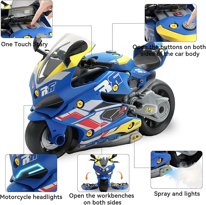 Take Apart Motorcycle Toys Kit, Motorcycle Model Toys for Kids Mechanic,Motorcycles Toy with Light, Sound & Spray for Toddlers 3+ Kids,Interactive Toy Engine Building Kit, Blue