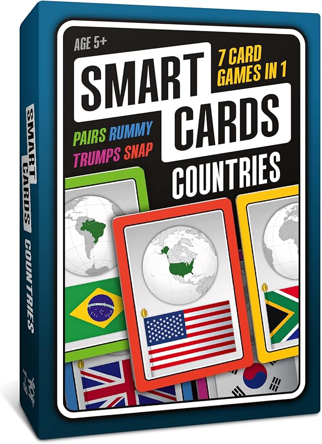 SMART CARDS Countries, Gift, Stocking Stuffer, Travel Game, 7 Games in 1, Pairs, Snap, Trumps, Rummy, Memory Quiz, Learn Facts, Age 5+, 1-8 Players by PoptacularGames
