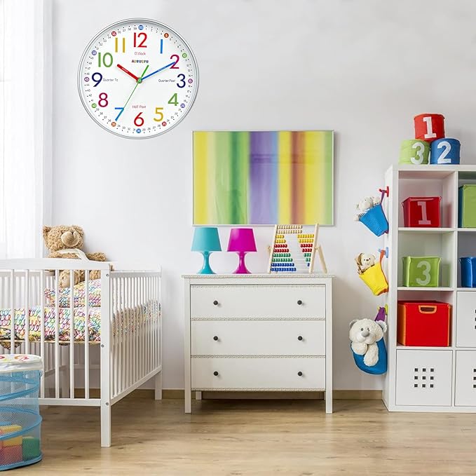 Wall Clock for Kids Learning Tell Time Easily Non-Ticking Battery Operated Kids Teaching Time Clock- Analog Colorful Clock Decorative for Kids Room,Classroom,School,nursery school,playroom(10 Inch) - Image 6