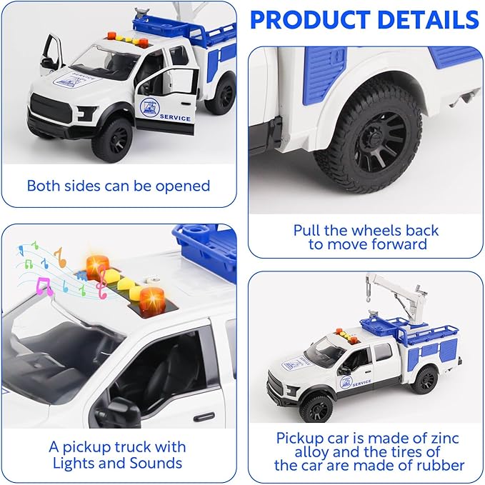 Pickup Truck Toy with Lights and Sound Effects, Featuring a Crane Function and Opening Doors,Toy Cars Gifts for 3+ Year Old Kids (Crane Pickup Truck)