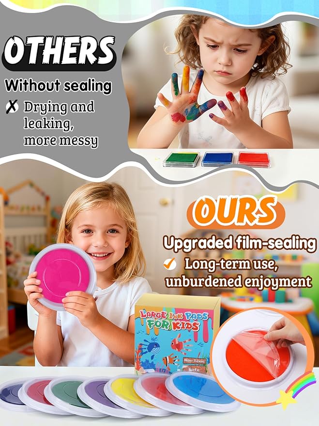 Large Washable Ink Pads for Kids - 7" Ink Pad for Handprint Footprint Toddler Finger Paint, 8 Vibrant Colors Stamp Pad Set for Card Making/Preschool Crafts/Birthday Gifts