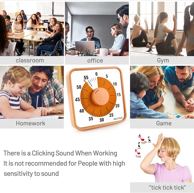 Secura 7.5 Inch Visual Timer, 60 Minute Oversize Countdown Visual Timer for Kids and Adults, Durable Mechanical Time Management Tool (Orange) - Image 5