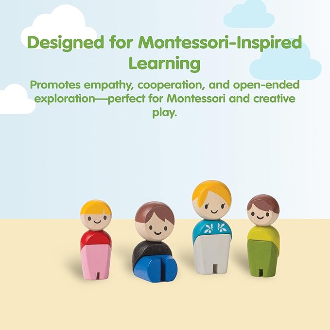 PlanToys® PlanWorld Family Set | 4 Wooden Poseable Figures for PlanCity & PlanWorld Playsets | Montessori Pretend Play Family with Flexible Arms & Legs | Eco-Friendly Sustainable Wooden Toy for Kids
