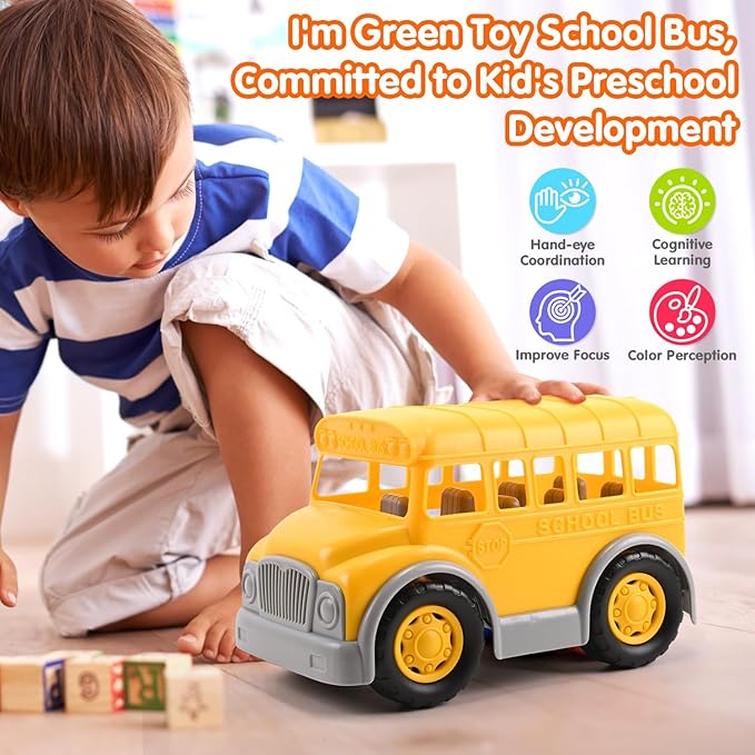 PLAY Eco-Friendly School Bus Toy, [USDA Certified] No BPA/Phthalate/PVC, Recycled Bioplastic Bus Toy Gift for Boy Girl 1-4, Fine Motor Skills Car Toys Vehicle Gift for Kids