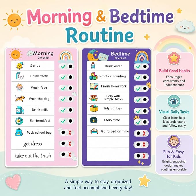 2PCS Visual Chore Chart for Kids, Kids Schedule Checklist, to Do Task for Kids (1 Morning Checklist Boards, 1 Bedtime Checklist Boards) - Image 2