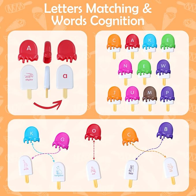 USATDD ABC Alphabet Learning Toys Alphabet Popsicles Animal Matching Toy Uppercase Lowercase Preschool Learning Activities Montessori Toys Gifts for Kids Toddlers, 52 Pcs - Image 2