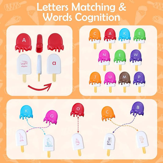 USATDD ABC Alphabet Learning Toys Alphabet Popsicles Animal Matching Toy Uppercase Lowercase Preschool Learning Activities Montessori Toys Gifts for Kids Toddlers, 52 Pcs - Image 2