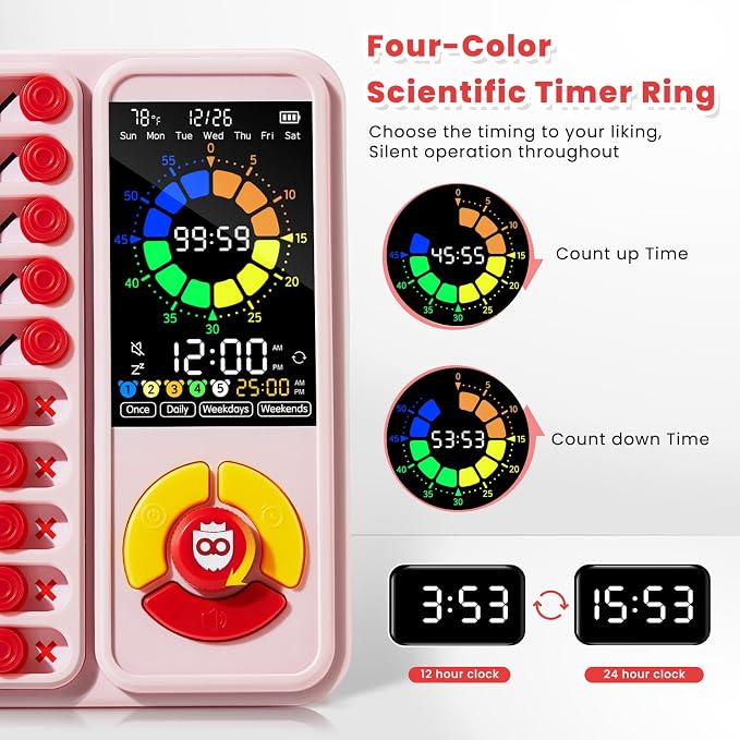 ADHD Tool for Kids, 5-in-1 Visual Timer with Chore Chart Board, Visual Schedule for Kids, 12/24 Task Timer with 99'59'' Countdown/Countup, 5 Alarms, Silent Operation Visual Schedule for Autism - Pink - Image 2