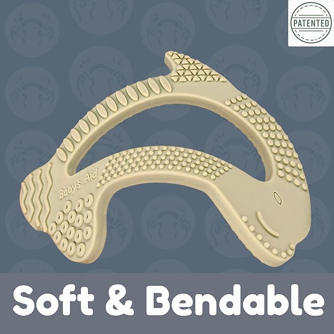 Dolphin Silicone Teether Toy with 8 Texture Zones, Easy Grip for Little Hands, Ages 3M+, Baby’s Aid (Olive)