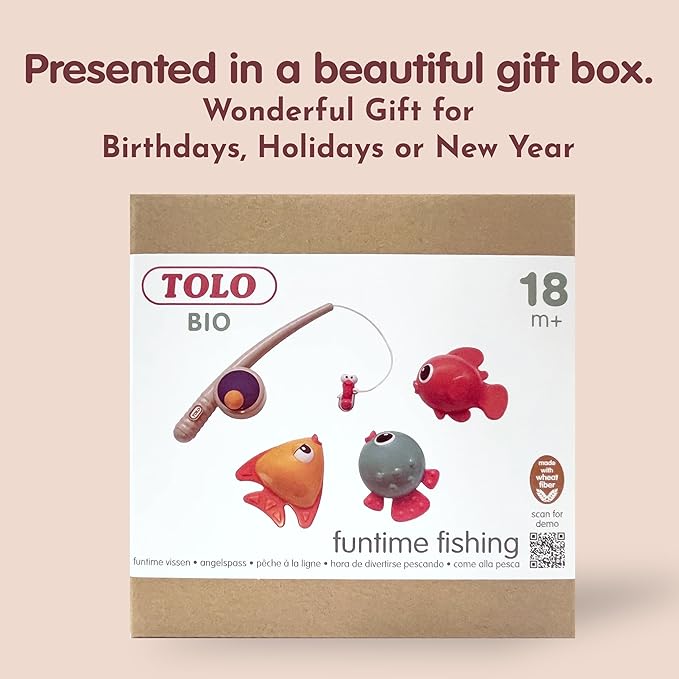 Tolo Bio Funtime Fishing Set | Eco-Friendly Bath Toy for Toddlers | Magnetic Fishing Rod, 3 Bubble-Blowing Fish, Worm | Skill-Building Water Play | Durable, Safe, Sustainable Material | Ages 18M Up