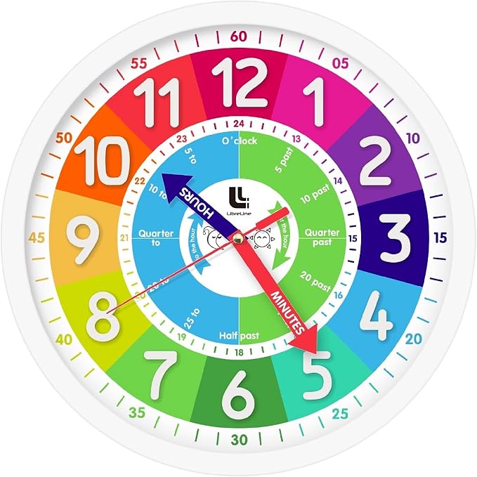 3D Kids Colorful Learning Wall Clock - Easy to Read - Telling Time Teaching Clock for Kids - Classroom Bedroom Wall Decor - Silent Analog Kids Clock for Homeschool, Playrooms, Nursery (12 inch) by LibreLine