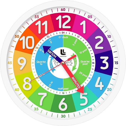 3D Kids Colorful Learning Wall Clock - Easy to Read - Telling Time Teaching Clock for Kids - Classroom Bedroom Wall Decor - Silent Analog Kids Clock for Homeschool, Playrooms, Nursery (12 inch) by LibreLine
