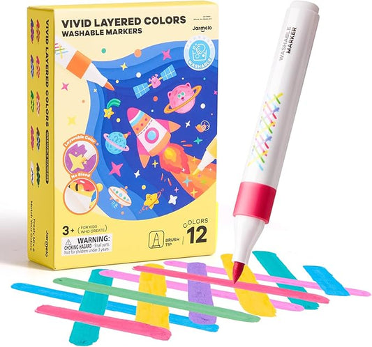 Jar Melo Washable Layered Markers for Kid Age 4-8, Water Based Blendable Markers for Toddler Safe and Non-Toxic, Coloring Art Supplies for Preschool Gift, 12 Colors