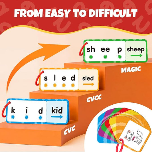2-in-1 Phonics Flash Cards Set - Dry Erase CVC Word Games & Blends Digraphs Cards,Speech Therapy Toys for Toddlers,Learn to Read & Spell, Preschool & Kindergarten Learning Activities - Image 2