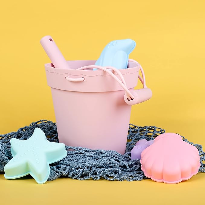 BLUE GINKGO Silicone Beach Toys - Modern Travel Friendly Set | Bucket, Shovel, 4 Sand Molds, Beach Bag | Sand Toys for Toddlers, Kids - Pink