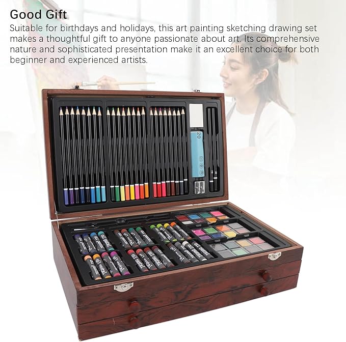 ZAICOLER 158 PCS Deluxe Art Set, Wooden Box Painting Drawing Kit with 2 Sketchbooks 24 Paints Oil Pastels Colored Pencils Crayons Brushes for Kids Teens Adults Artists Beginners