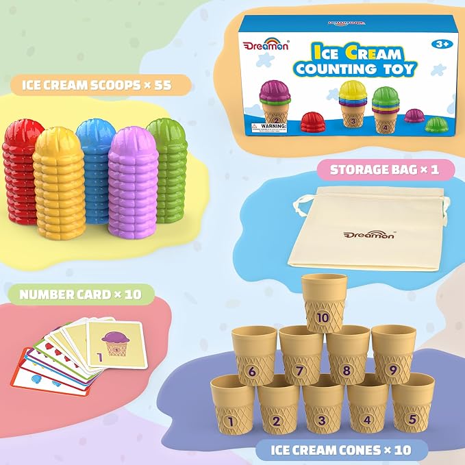 Ice Cream Color Sorting Toys for Toddlers, Montessori Counting Pretend Play Toys - 76 Pieces, Early Math Manipulatives Learning Toys with 10 Educational Number Cards for Preschool Kids (Number) - Image 2