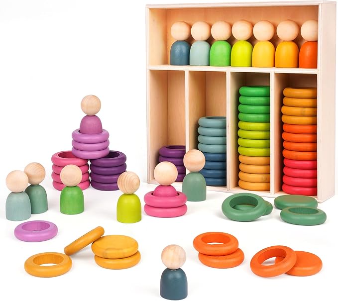 Montessori Toys Wooden Color Sorting Stacking Rings Toy Rainbow Wooden Peg Dolls Counting Toys Circular Building Blocks Stacking Game Preschool Learning Education Fine Motor Skill Toys for Toddlers by Agirlgle