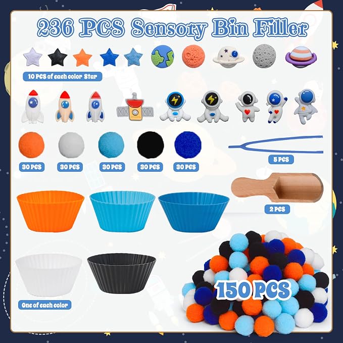 236pcs Space Sensory Bin Filler Fine Motor Toys Astronaut Spaceship Sensory Bin Items Astronauts Saturn Moon Mars Earth Rocket Planet Satellite Space Shuttle Stars for Preschool Education Activities - Image 3
